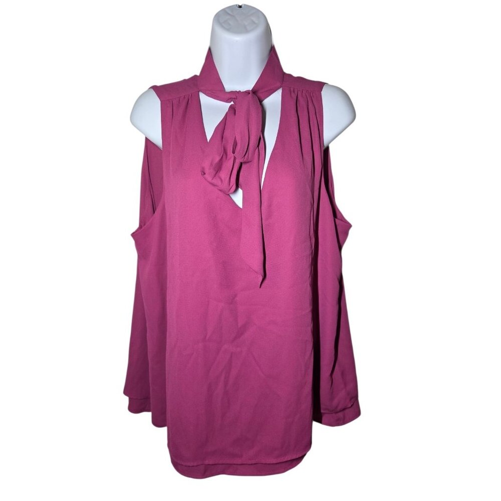 Adrienne Vittadini Rose Pink Pleated Sleeveless Secretary Bow Office Wear Top XL